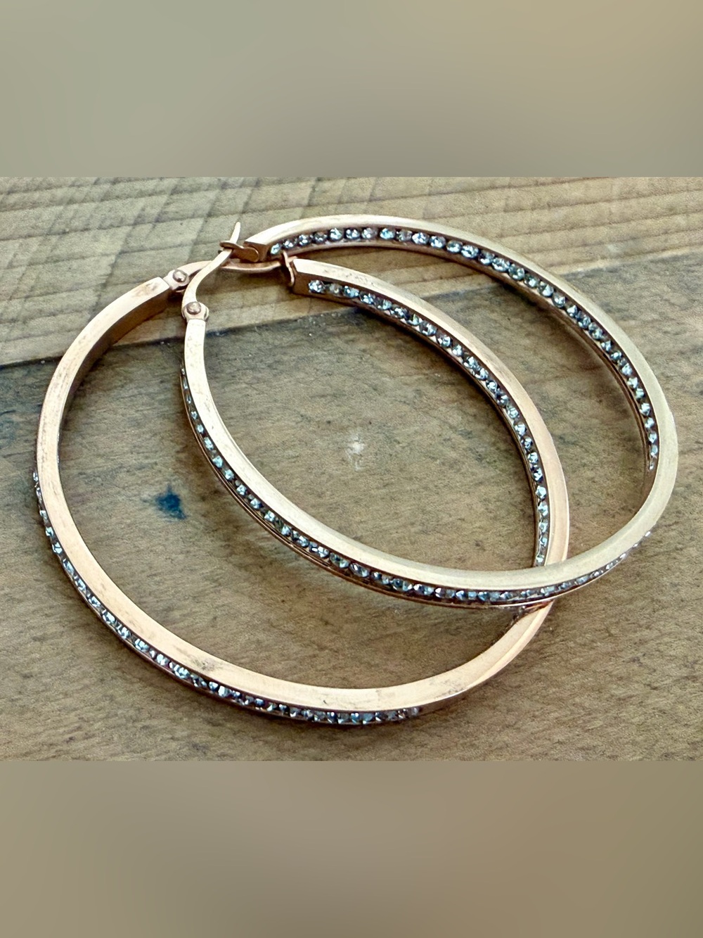 ROSE GOLD TONE INSIDE OUT CRYSTAL HOOP EARRINGS 2” LARGE STATEMENT SHIMMER